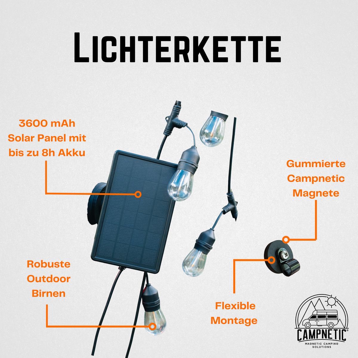 Magnetische Camping Lichterkette mit Solarpanel